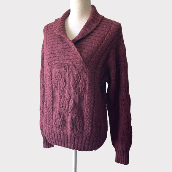Peruvian 100% Alpaca Sweater Cable Knit Purple Shawl Collar Long Sleeve Large - Picture 1 of 8